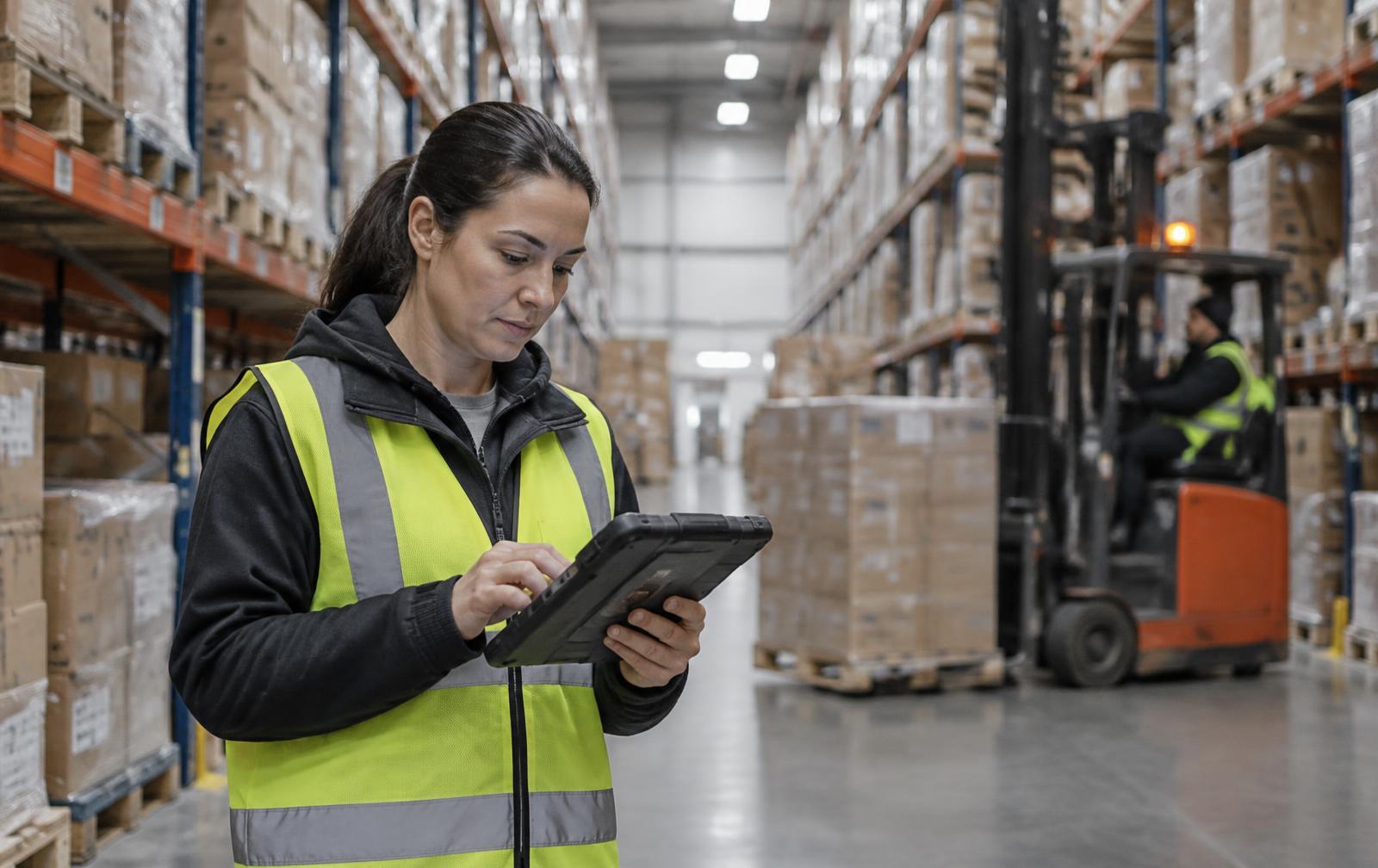 Logistics worker checking a rugged tablet in a distribution warehouse aisle