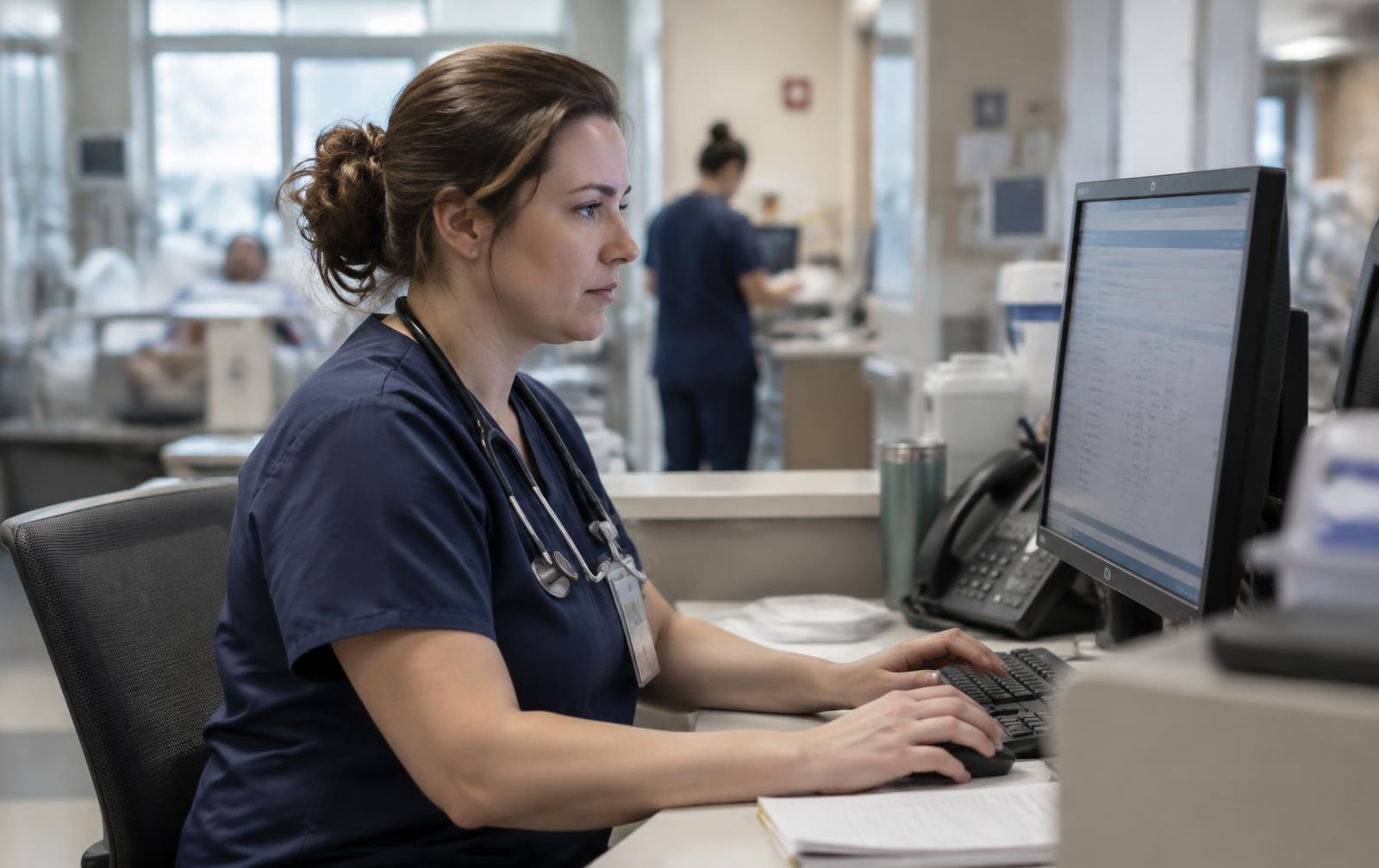 Clinician reviewing patient information at a hospital nursing station workstation