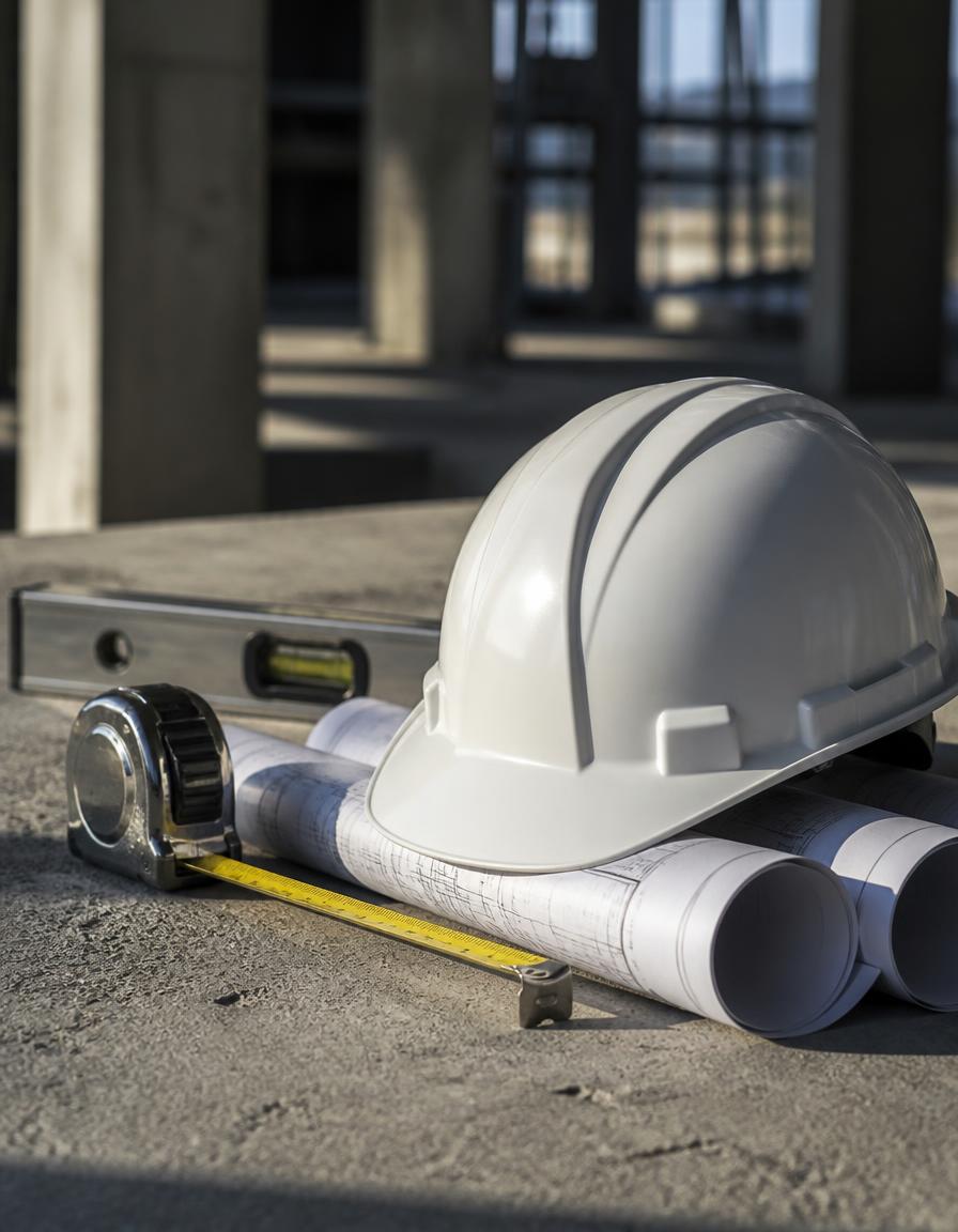 White hard hat, tape measure, level and rolled plans on a concrete site floor