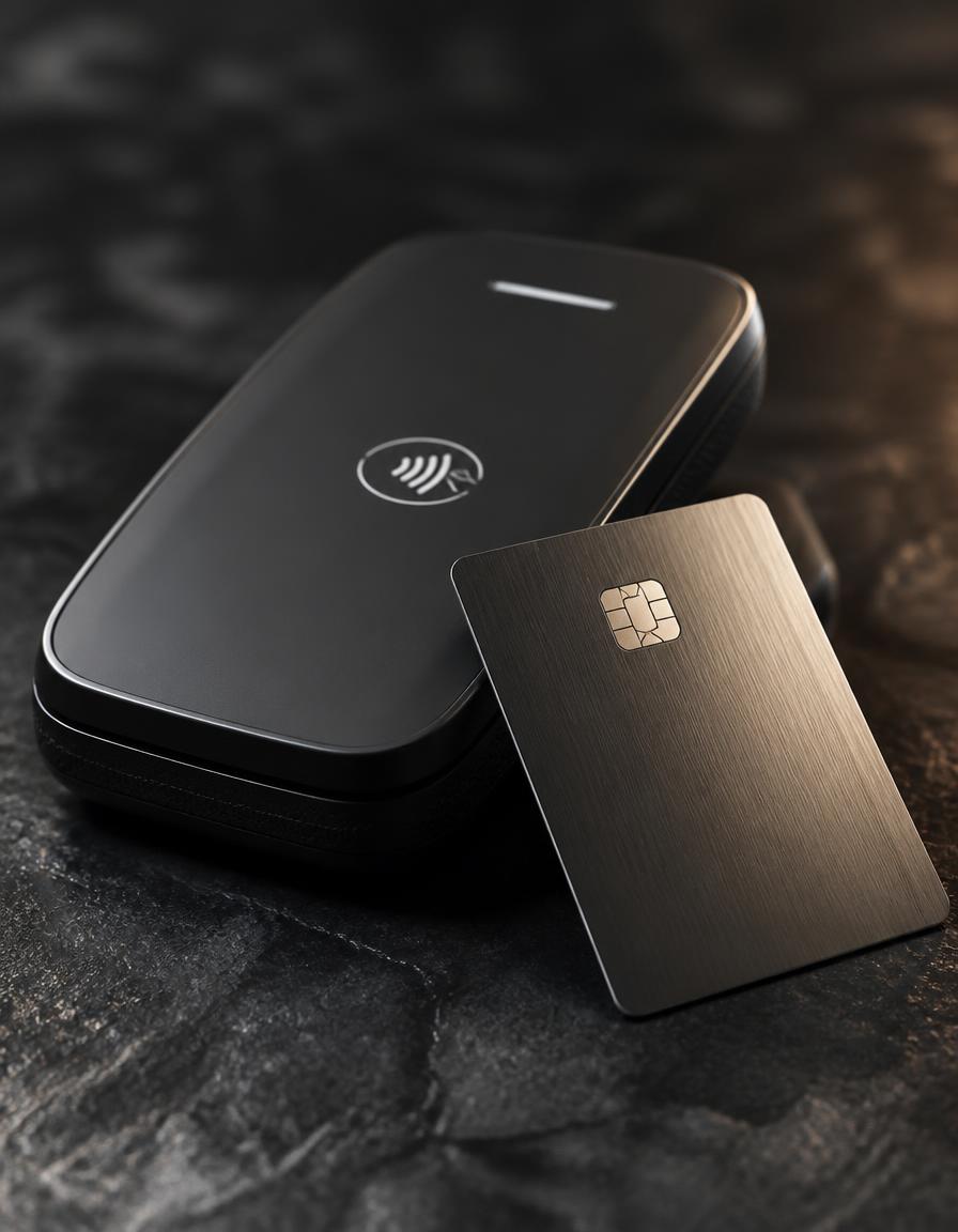 Contactless payment terminal and chip card on a dark stone surface