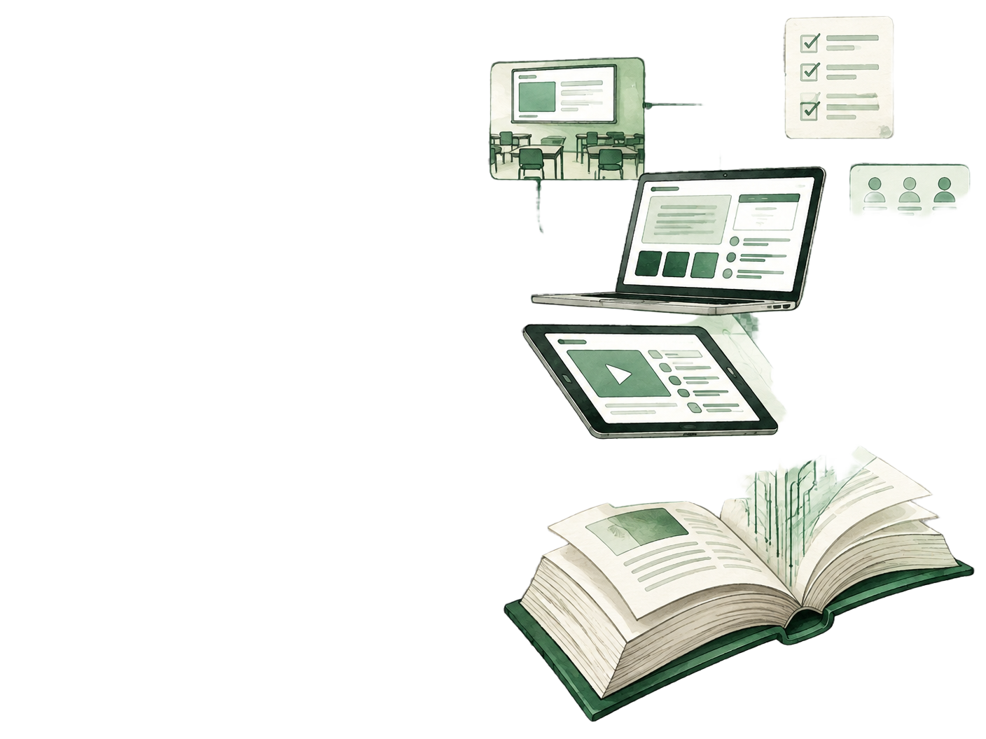 Hand-drawn open book, digital device and connected learning pathways